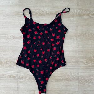 Derek Heart Black and Red Floral Bodysuit